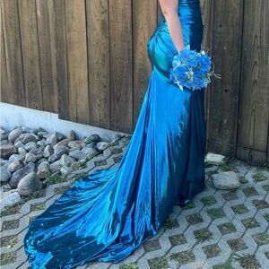 Sherri Hill Metallic Teal Strapless Mermaid Gown
